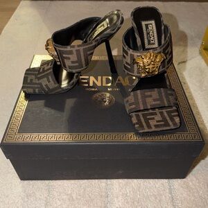 Fendi x Versace Black and Gold Angle Heel Mules